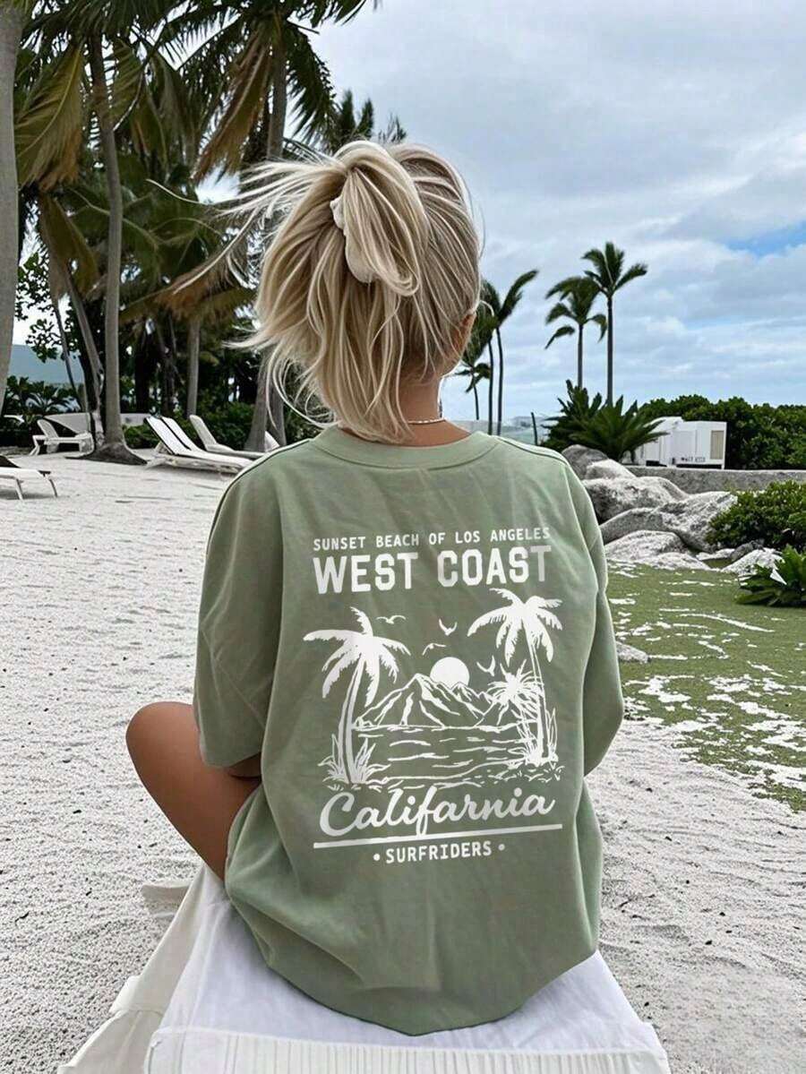 Women's Short-Sleeved T-Shirt With A Round Neck, Casual, Minimalist, And Versatile Style, Featuring A Palm Tree Print And Slogan, Suitable For Everyday Wear. Printed T-Shirt, Vacation. Summer - 綠色 - 查看 1