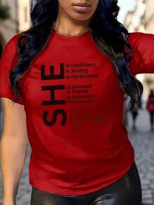 Camiseta de Mujer Estampada con Combinación de Letras y Gráficos para Ropa de Año Nuevo, Camisetas Gráficas de Mujer, Tops de Algodón Puro - Rojo - Ver 4