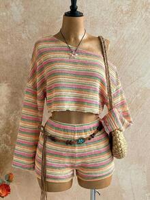 Casual 2-Piece Set Consisting Of A Cropped Top With An Irregular Neckline And Lettuce Hem, And Shorts, In A Solid Color, For Vacation, Spring/Summer - 多色 9 - View 1