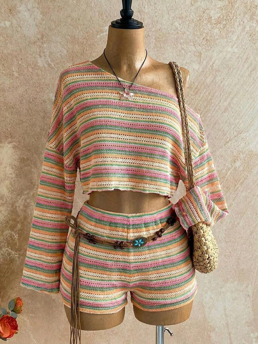 Casual 2-Piece Set Consisting Of A Cropped Top With An Irregular Neckline And Lettuce Hem, And Shorts, In A Solid Color, For Vacation, Spring/Summer - 多色 9 - View 1