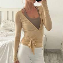 Tops cortos con lazo cruzado para mujer, camisas de Yoga de manga larga con cuello en V profundo, camisas ajustadas de Color sólido, blusas de entrenamiento de Yoga para mujer - Marrón - Ver 5