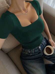 Blusa de manga corta con cuello cuadrado, elegante y versátil, adecuada para uso diario, ir al trabajo y salir, primavera y verano - Verde Oscuro - Ver 5