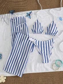 3 piezas Conjunto de bikini de punto a rayas sexy - Top triangular + Bottom de cintura baja + Pantalones de pierna ancha ajustables| Traje de baño de vacaciones en la playa retro Verano Rojo - Azul y blanco - Ver 1