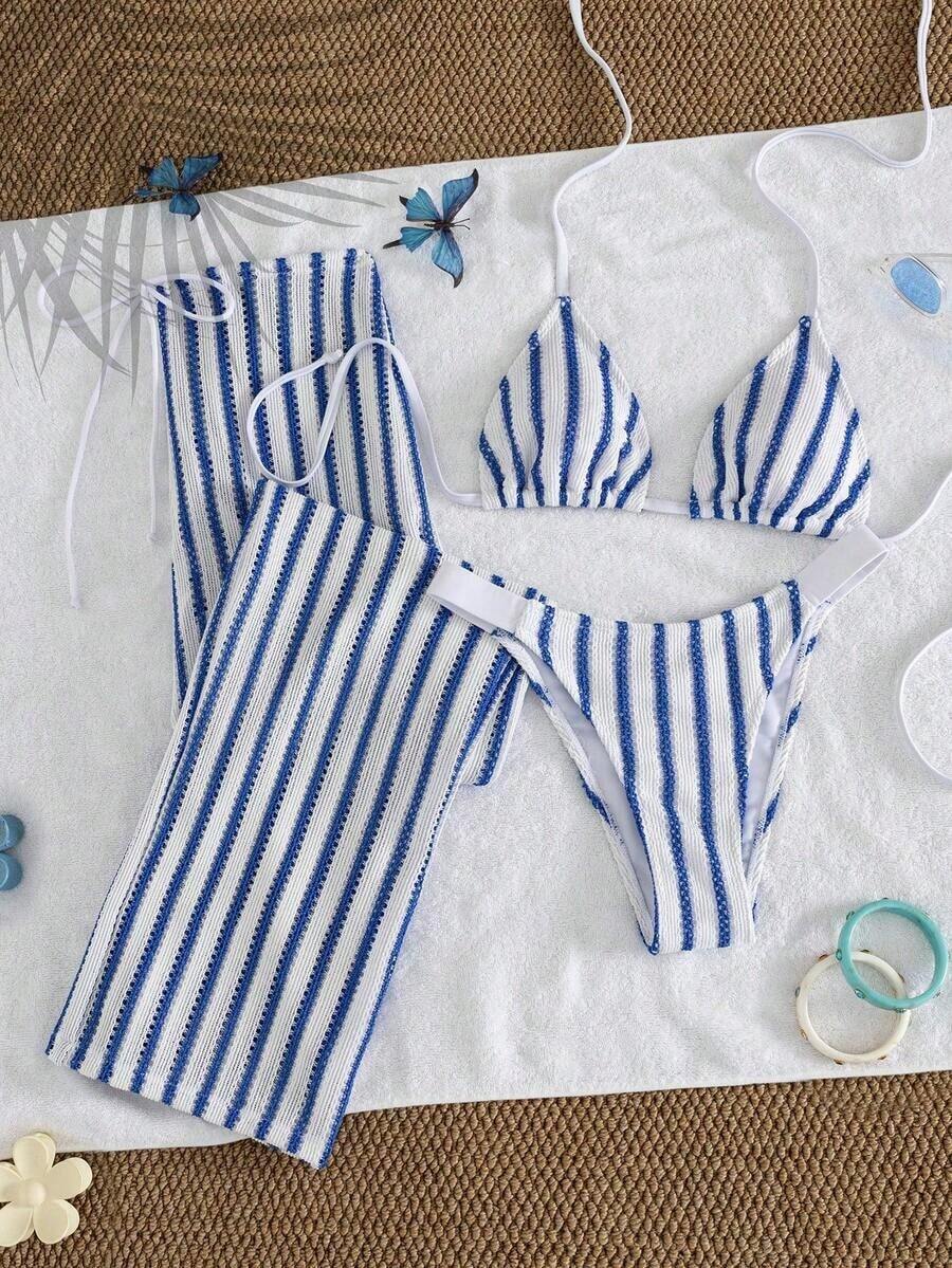 3 piezas Conjunto de bikini de punto a rayas sexy - Top triangular + Bottom de cintura baja + Pantalones de pierna ancha ajustables| Traje de baño de vacaciones en la playa retro Verano Rojo - Azul y blanco - Ver 1