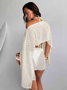 Conjunto de 2 piezas de mujer para primavera/verano con textura de jacquard, blusa tipo chal y minifalda de estilo envolvente, ropa de playa/resort para mujer - Albaricoque - Ver 2