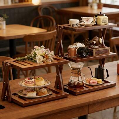 Practical Utility Shelves, 2/3 Tier Foldable Wooden Countertop Organizer, Coffee Bar Shelf With Natural/Brown Finish, Tiered Serving Tray For Kitchen Cafe Dessert Display, Multi-Layer Bamboo Style Rack For Home Party, 2 Colors Available