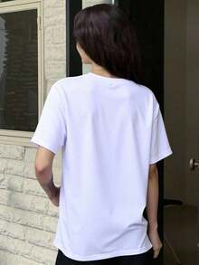Camiseta básica de mujer de manga corta y ajuste holgado de unicolor con cuello redondo para el verano - Blanco - Ver 6