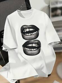 Camiseta con estampado gráfico Punk & Lips, manga corta y cuello redondo, top casual para verano y primavera, ropa de mujer - Negro - Ver 4