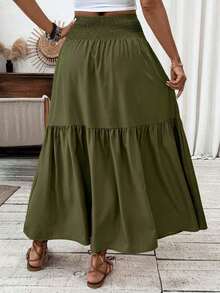 Women's Long Ditsy Floral Skirt, Casual Elastic Waist With Pockets, Ruffle Hem, A-Line Skirt For Summer Spring - 軍綠色 - 查看 6