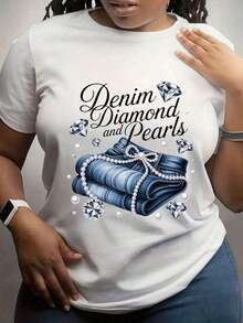 Camiseta de mezclilla para mujer con estampado de diamantes y perlas, elegante, informal para oficina, suave y agradable al tacto, cuello redondo, manga regular, para todas las estaciones. - Blanco - Ver 1