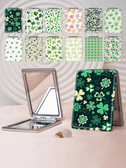 1pc Countryside British Style Four-Leaf Clover Compact Makeup Mirror, Foldable, Lightweight, Portable, Durable PU Leather, Suitable For Various Occasions Like Travel, Party, Work, School, Fits All Ages
