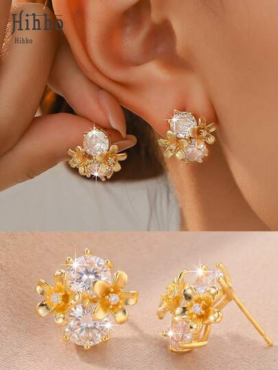 Hihho 1 Pair Sparkling Rhinestone Flower Stud Earrings, Elegant Jewelry Accessory Suitable For Daily Wear And Party/Holiday Decoration, Best Earring Gift