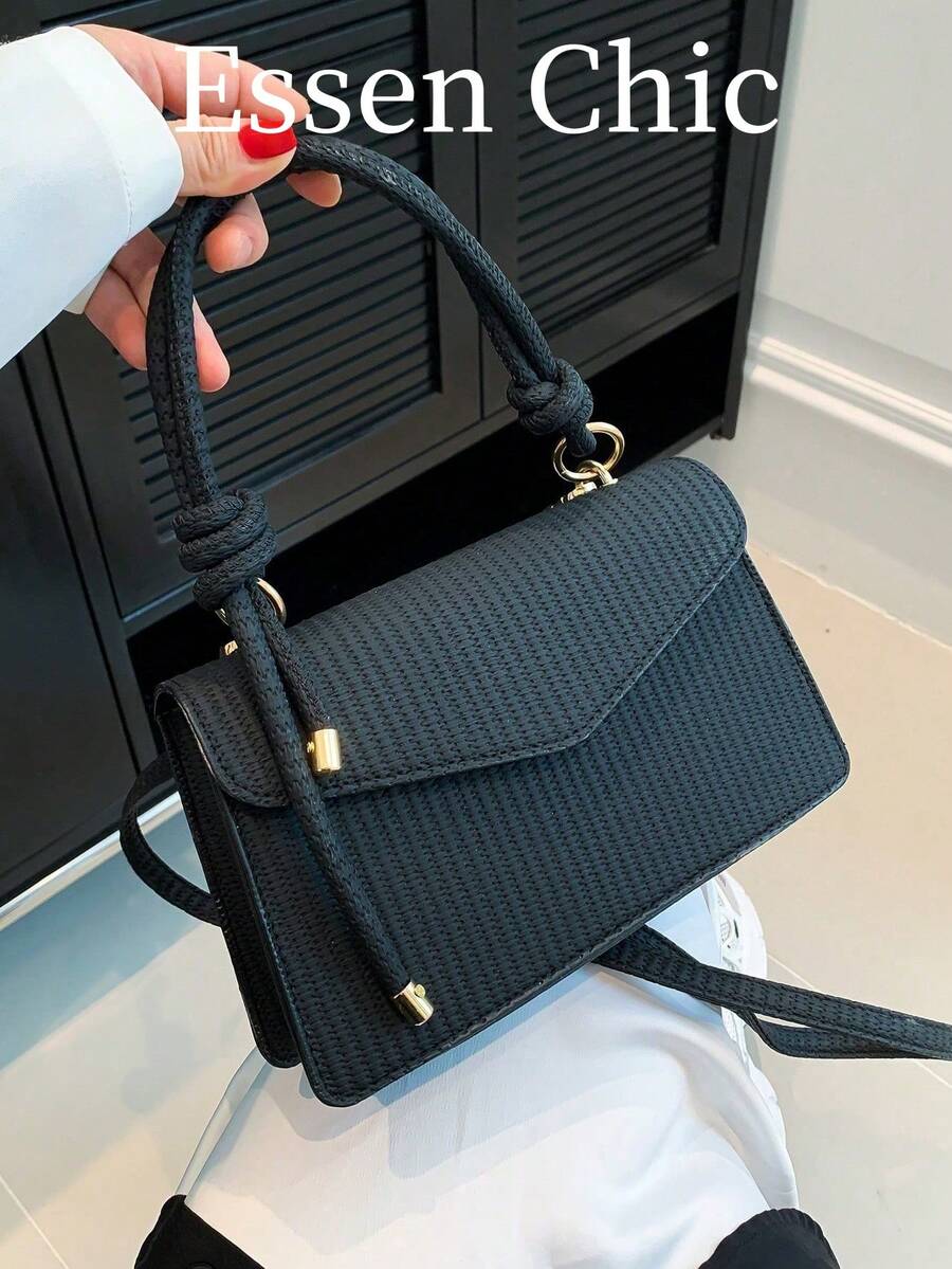 New Black Woven Texture Handbag Small Square Bag Women's Shoulder Crossbody Bag - Black - View 1