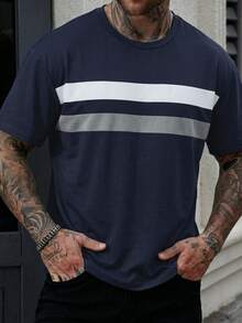 GRDR 1 Peça Camiseta Masculina de Gola Redonda Casual de Negócios com Contraste de Cores, Novidade de Verão - Azul Marinho - Visão 5
