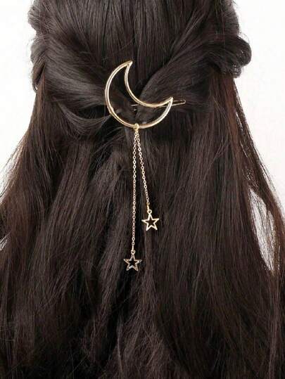 1pc Women's Moon Tassel Hair Clip, Gold Moon Festival Hair Accessory With Stars, Suitable For Festivals, Parties, Daily Wear, Pendant, Gift, Festival, Hair Slide, Hair Barrettes, Hair Accessories For Women, Head Accessories, Hairpin, Summer, Holiday, Travel
