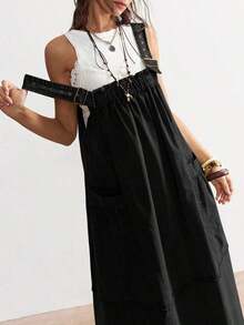 BohoFeels Vestido casual de unicolor, tejido, suelto y de largo medio para mujeres - Negro - Ver 4