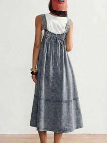 BohoFeels Vestido casual de unicolor, tejido, suelto y de largo medio para mujeres - Azul - Ver 2