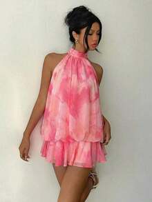 Vestido mini elegante de mujer con cuello halter y lazo en color amarillo claro - Gris Oscuro - Ver 7