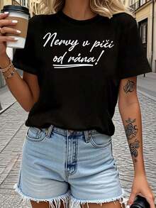 Camiseta de manga corta para mujer con estampado de letras "Nervy V Pici Od Rana", ideal para primavera y verano, cuello redondo, estilo casual, para uso diario, ocio y regalo de vacaciones. - Negro - Ver 6