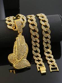Men Iced Out Praying Hands Pendant Cuban Chain Hip Hop Rapper Style Necklace Streetwear Jewelry For Men Party Stage Gift Daily Wear Accessories - Praying Hand Pendant Necklace - View 17