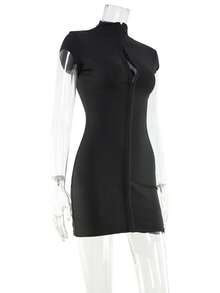 Short, Fitted Dress In A Cute Girl Style With An Integrated Coat Design - Black - View 9