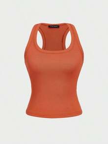 Camiseta sin mangas cuadrada Floreya para mujer, top casual de verano de ajuste ceñido sin mangas para capas, sencillo pero elegante, estilo deportivo, versátil para todas las estaciones en color blanco - Naranja - Ver 3