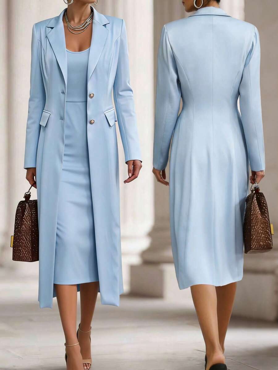 Women's Long Blazer Jacket And Solid Color Elegant Dress 2 Pieces Set, Front Button Closure, Office Wear - Blue - View 1