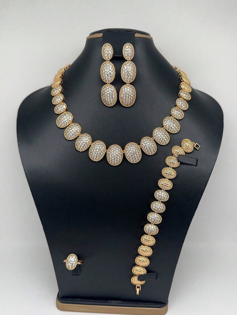 Bộ trang sức 4 món cao cấp đính ngọc trai và đá Zirconia, phong cách Trung Đông Dubai, màu trắng, phụ kiện cô dâu dự tiệc, quà cưới. - Vàng - Xem 1