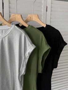 LUNE Set de 3 camisetas básicas de manga corta de unicolor, tops casuales, tops básicos para salir, tops de aeropuerto para mujer, tops de streetwear, tops de verano para mujer, 3 piezas, tops cortos, tops para mujer, camisetas para mujer, tops para salir para mujer, tops de festival para mujer, tops de color amarillo mantequilla para salir para mujer, tops de unicolor, tops sencillos, casuales - Verde militar - Ver 5