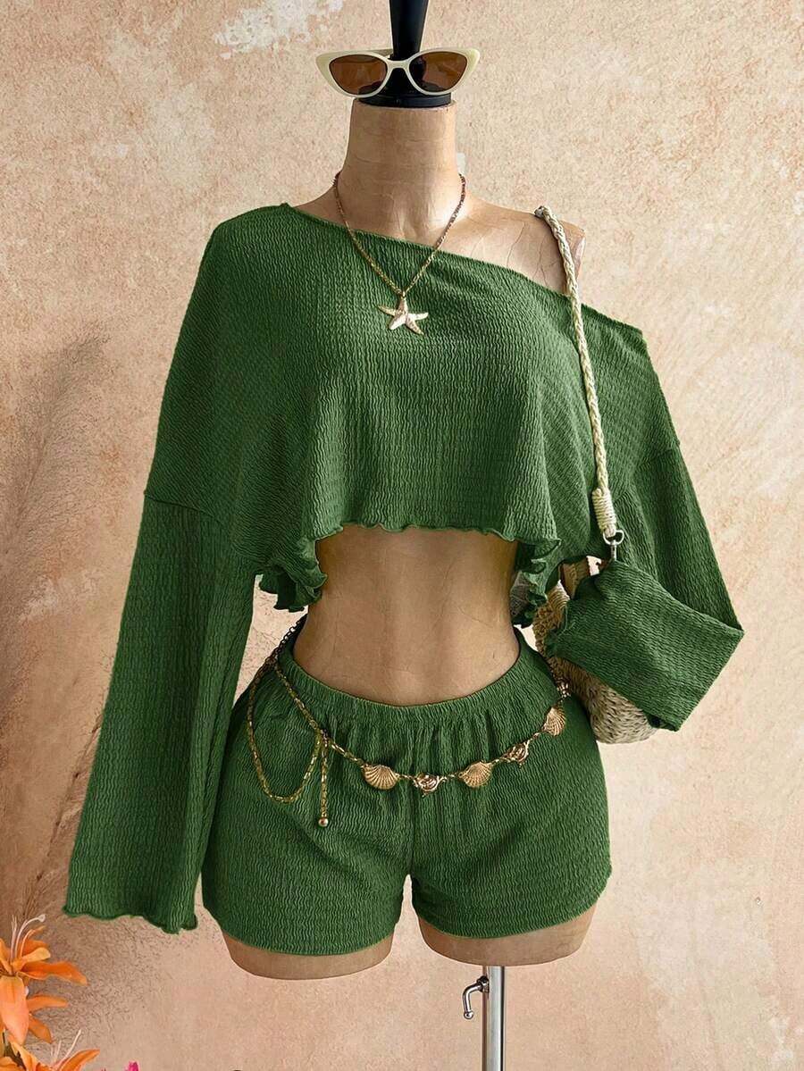 Casual 2-Piece Set Consisting Of A Cropped Top With An Irregular Neckline And Lettuce Hem, And Shorts, In A Solid Color, For Vacation, Spring/Summer - 深綠色 - 查看 1