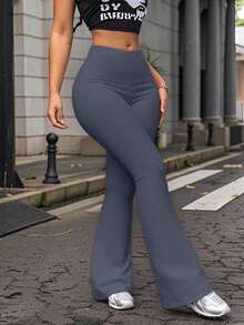 Leggings de yoga de cintura alta de unicolor con campana para mujer, pantalones de entrenamiento, running y fitness de primavera - Gris Oscuro - Ver 3