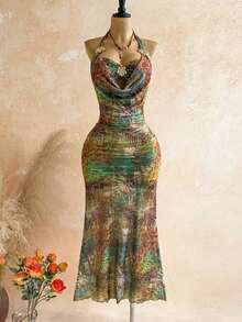 Vestido de playa sexy con estampado de leopardo, decoración de metal y espalda descubierta para mujer - Multicolor 2 - Ver 4