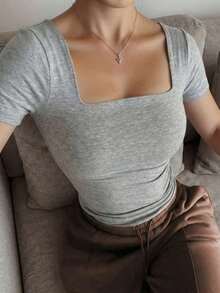 Blusa de manga corta y cuello redondo casual y elegante, adecuada para uso diario, ir al trabajo y salir, primavera/verano - Gris Claro - Ver 4