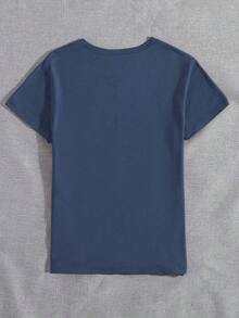 Camiseta cómoda de mujer con estampado de rayas y flores de margarita, cuello redondo, manga corta, minimalista y versátil para uso casual - Azul marino 2 - Ver 2