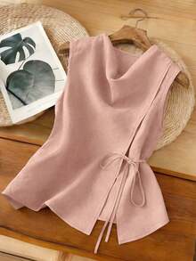 Nuevo diseño asimétrico de verano, cuello acampanado, dobladillo dividido de color caqui claro de nicho, cintura con lazo, chaleco sin mangas para mujer, top de tirantes de verano para mujer, elegante para vacaciones y días de descanso. - Rosa vieja - Ver 1