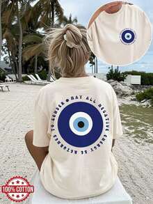 [Estampado a Doble Cara] Camiseta Holgada Casual de Verano para Mujer, Estilo Pop, con Estampado de Ojo Turco, Anillo y "A LA PERSONA QUE ENVÍE ESTE MENSOJO LE DESVIEN TODA LA ENERGÍA NEGATIVA", Cuello Redondo, Manga Corta, Hombros Caídos, Camiseta Oversize de Algodón Puro, 100% Algodón, Camisetas de Verano - Camiseta Unisex de Algodón de Manga Corta y Cuello Redondo, Estilo Urbano Vintage - Albaricoque - Ver 7