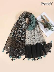 1pc All-Season New Women's Linen Tassel Print Scarf, Sun Protection Air Conditioning Shawl, Suitable For Beach Vacation And Daily Life, Add Highlights To Your Style - Multicolor - View 5