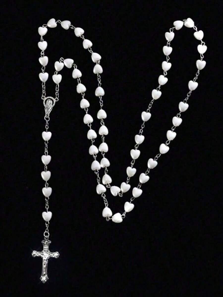 1pc Heart Necklace, White Cross Beads Long Y-Shape Necklace, Suitable For Daily Wear, Gatherings, Parties, Valentine's Day Gift For Girlfriend, Mother's Day Gift For Mom - 白色 - 查看 1