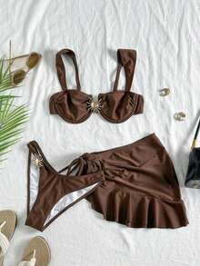 2026 Conjunto de traje de baño tipo tankini de 3 piezas de unicolor, con diseño de tirantes anchos y soporte con aros, estilo de playa de moda, perfecto para vacaciones en la playa y fiestas en la piscina durante el verano - Marrón Chocolate - Ver 2