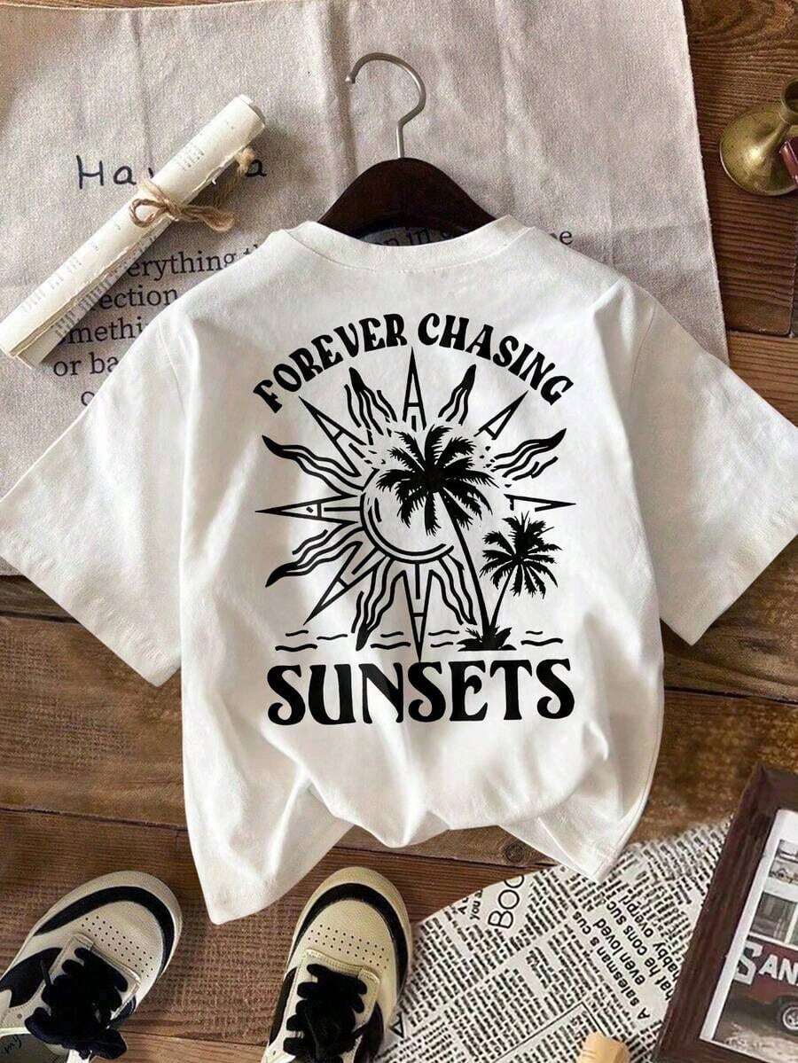 Women's T-Shirt, Short Sleeve Graphic Tee, Casual Street Style, Cute Summer Top, Sunset Graphic Tee, Men's Graphic Tee, Summer T-Shirt, Sun Hoodie, Summer Sweatshirt, Women's Summer Outfits, Sweatshirts For Summer, Pure-Cotton - 白色4 - 查看 1