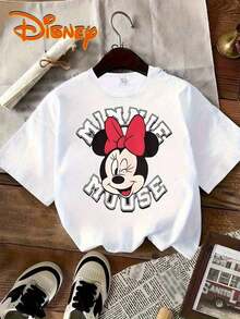 Disney Minnie Mouse Pattern Women's T-Shirt-Red Casual Short-Sleeved Lightweight Polyester Shirt, Spring And Summer Fashion Shirt, Perfect Gift For Disney Fans, Fun T-Shirt To Wear Every Day, Breathable And Comfortable Print Design, Role Theme Shirt, Exclusive To Women, Lively Style And Comfortable Version. - 白色 - 查看 1