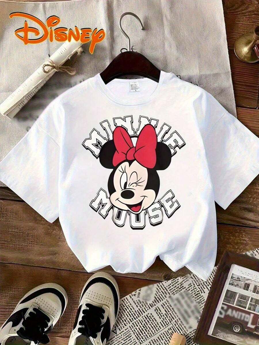 Disney Minnie Mouse Pattern Women's T-Shirt-Red Casual Short-Sleeved Lightweight Polyester Shirt, Spring And Summer Fashion Shirt, Perfect Gift For Disney Fans, Fun T-Shirt To Wear Every Day, Breathable And Comfortable Print Design, Role Theme Shirt, Exclusive To Women, Lively Style And Comfortable Version. - 白色 - 查看 1