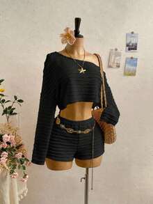 Conjunto de 2 piezas de top y shorts de cuello asimétrico de color sólido para mujer, estilo casual de vacaciones - Negro - Ver 6