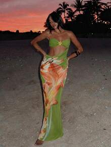2 piezas Conjunto de bikini para mujer, bikini con decoración de flor de metal y tirantes ajustables, vestido de playa bohemio con estampado de malla floral, conjunto de 3 piezas de traje de baño, adecuado para playa, vacaciones y fiesta de piscina en verano negro - Verde - Ver 9