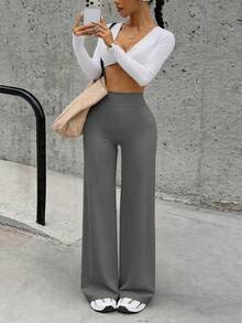 Minimalist High-Waisted Women's Athletic Leggings With Wide Legs, Perfect For Fitness And Running. Comfortable, Casual Leggings With Great Elasticity And A Flared Leg, Ideal For Yoga And Everyday Wear. - 灰色的 - 查看 7