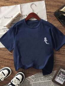 1 pieza de camiseta de manga corta para niñas, con estampado de delfines y motivos tropicales, color gris oscuro, estilo casual, cómoda y a la moda para estudiantes jóvenes, ligera para el verano. - Gris Oscuro - Ver 9