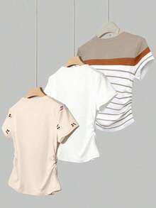 3 piezas Tops deportivos casuales de verano para mujer, nuevos diseños, a rayas y con estampado floral, adecuados para volver a la escuela, Día del Maestro - Multicolor 6 - Ver 2