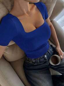 Blusa de manga corta con cuello cuadrado, elegante y versátil, adecuada para uso diario, ir al trabajo y salir, primavera y verano - Agua verde azul - Ver 1