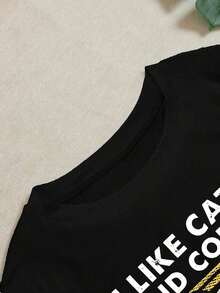 Camiseta de cuello redondo con estampado de gato y café de Hewang, top casual de manga corta, adecuado para primavera y verano, para mujer-Vintage Street Style Unisexoose Cotton Short Sleeve Crew Neck T-Shirt - Negro - Ver 3