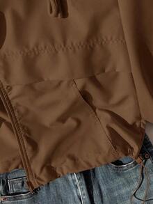 1 pieza Chaqueta casual con capucha, cremallera frontal, manga larga y protección solar, de unicolor, para otoño/invierno - Café integral - Ver 6